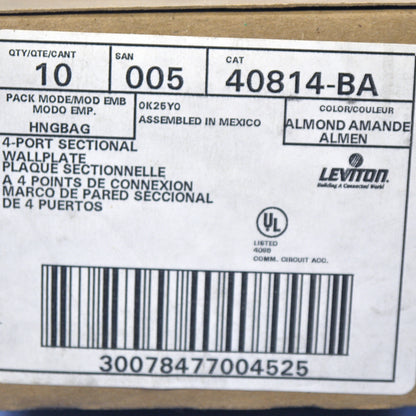 Leviton 40814-BA Almond Quickport 1-Gang 4-Port End Sectional Wallplates 10-Pack