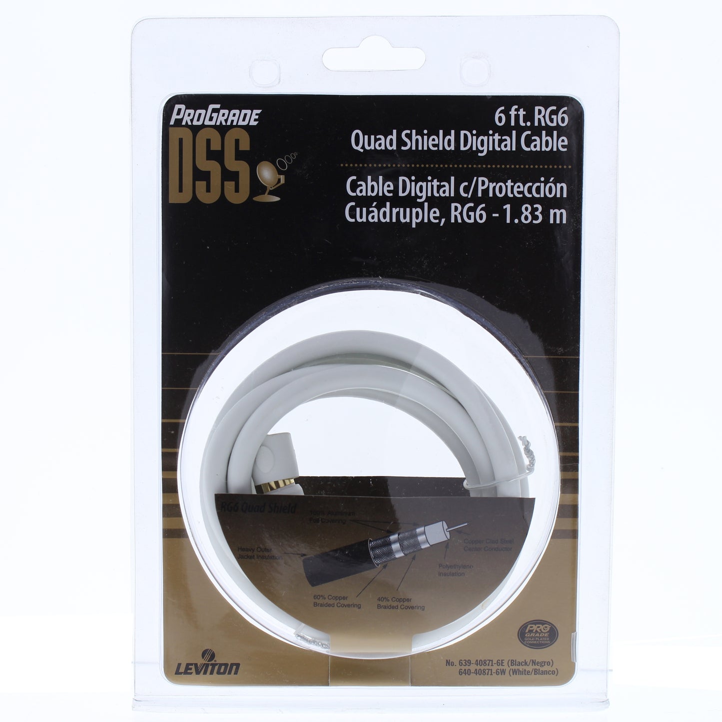 Leviton White Gold Plated Coaxial RG6 Quad Shield Digital Cable 6 Ft 40871-6W