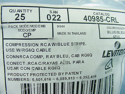 25 Blue Leviton Compression RCA Connectors RG6 Coaxial Cable Universal 40985-CRL