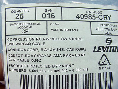 25 Yellow Leviton Compression RCA Connectors RG6 Coax Cable Universal 40985-CRY