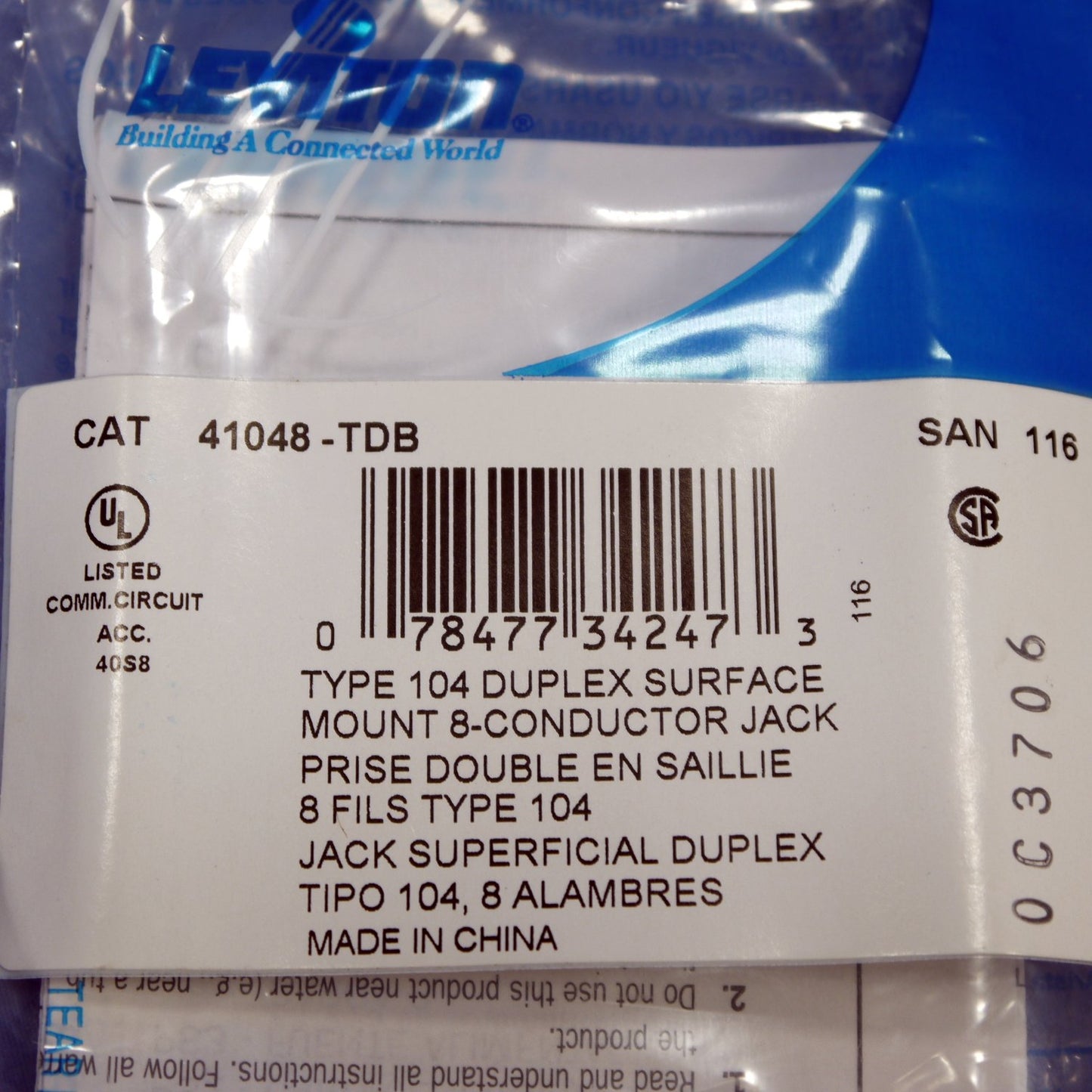 Leviton 41048-TDB Light Almond Duplex Surface Modular T568B Jack Cat 3 110-Type