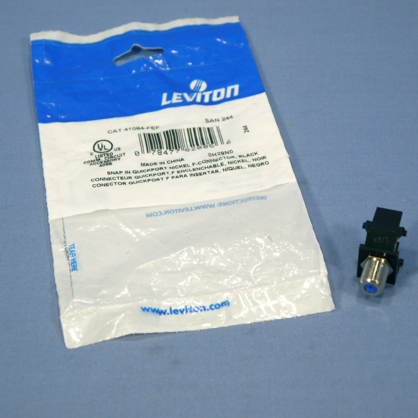 Leviton Black Quickport F-Type Coax Cable Jack 75-Ohm w/ Blue Center 41084-FEF