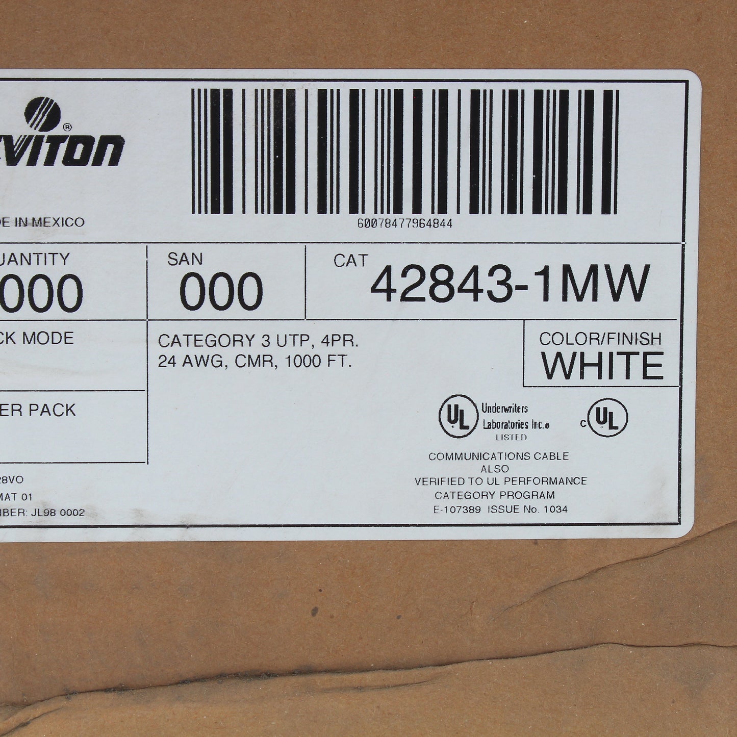 Leviton White 1000 ft Category 3 Cat3 UTP 4PR 24AWG CMR Reelex Box 42843-1MW