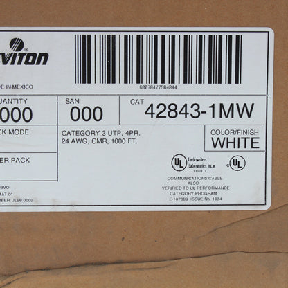 Leviton White 1000 ft Category 3 Cat3 UTP 4PR 24AWG CMR Reelex Box 42843-1MW