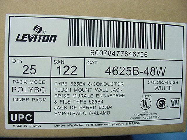 25 Leviton White Telephone 8-Wire RJ45 Type 625B4 Phone Jack Wallplate 4625B-48W