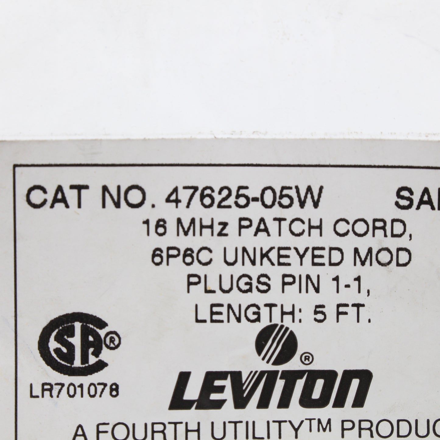 Leviton 47625-5W White 5Ft 16MHz Patch Cord 6P6C Unkeyed Mod Plugs Pin 1-1