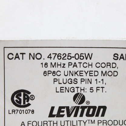 Leviton 47625-5W White 5Ft 16MHz Patch Cord 6P6C Unkeyed Mod Plugs Pin 1-1