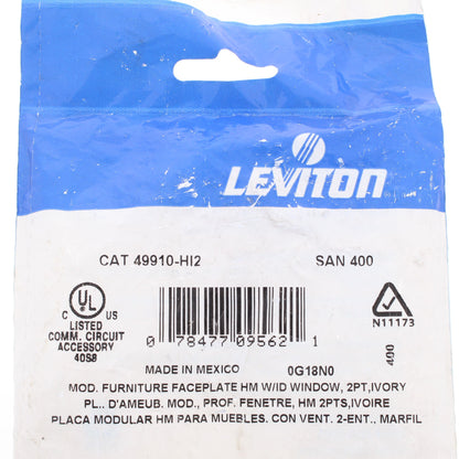 Leviton 9910-HI2 Ivory 2-Port Quickport Jack Cubicle Wallplate Empty Cover