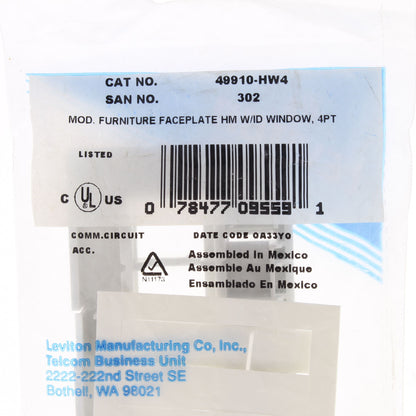 Leviton 49910-HW4 White 4-Port Quickport Jack Cubicle Modular Furniture Cover