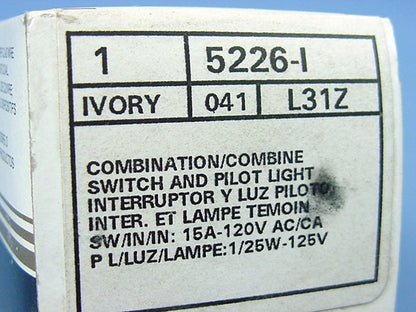 Leviton Ivory Commercial Toggle Wall Switch 15A w/Pilot Light 5226-I-041 Boxed