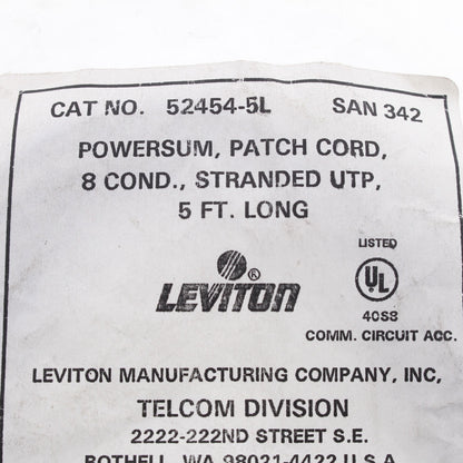 Leviton 52454-5L Blue Cat5 5ft Ethernet Cable LAN Data Center Patch Cord Network