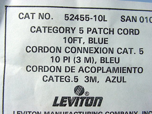 Leviton 52455-10L Blue Cat5 10ft Ethernet Cable Data Center Patch Cord Network