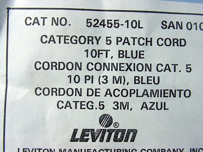 Leviton 52455-10L Blue Cat5 10ft Ethernet Cable Data Center Patch Cord Network