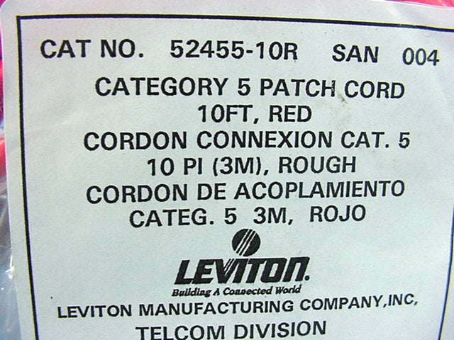 Leviton 52455-10R Red Cat5 10ft Ethernet Cable LAN Data Patch Cord Network 8P8C
