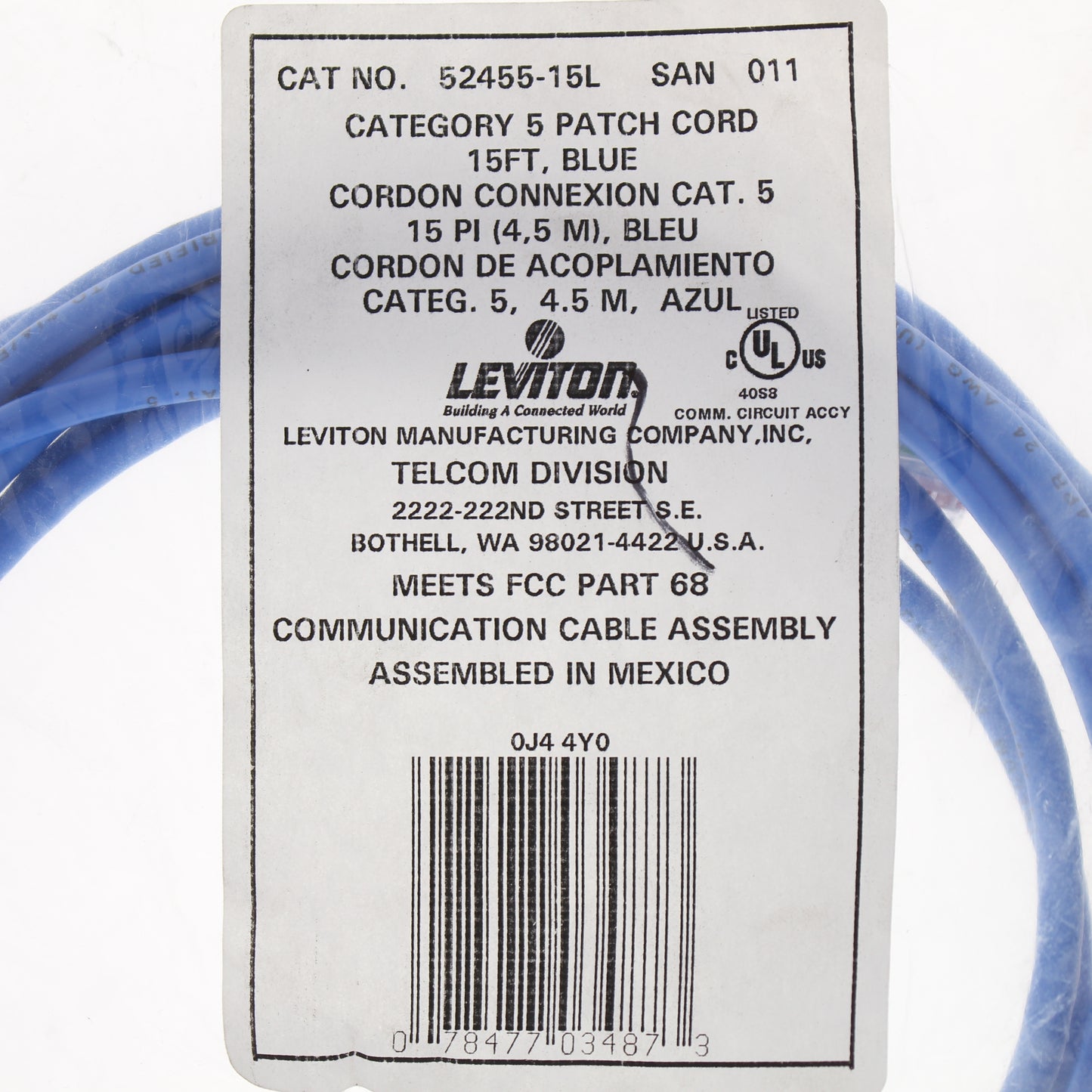 Leviton 52455-15L Blue Cat5 15ft Ethernet Cable Data Center Patch Cord Network