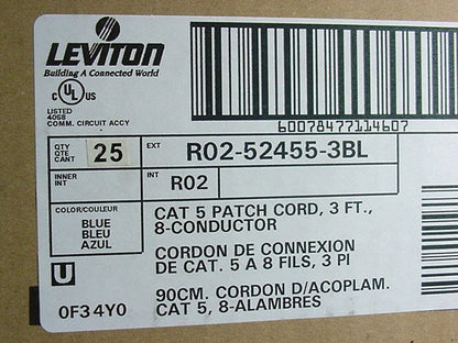 Leviton 52455-3BL Blue Cat5 3ft Ethernet Cable Data Patch Cords Network 25-Pack