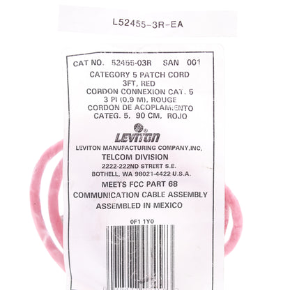 Leviton Red Cat 5 3 Ft Ethernet LAN Patch Cord Network Cable 52455-3R