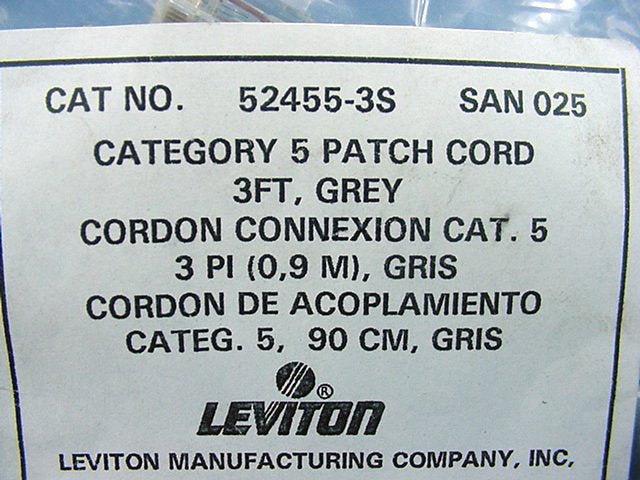 Leviton 52455-3S Gray Cat5 3ft Ethernet Cable Data Center Network 3' Patch Cord