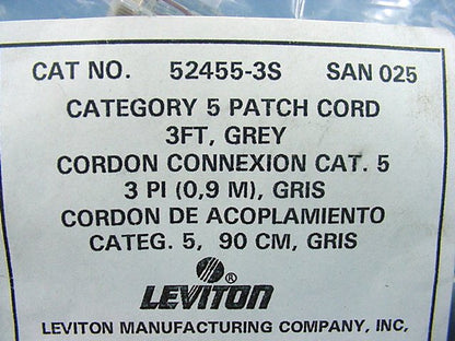 Leviton 52455-3S Gray Cat5 3ft Ethernet Cable Data Center Network 3' Patch Cord