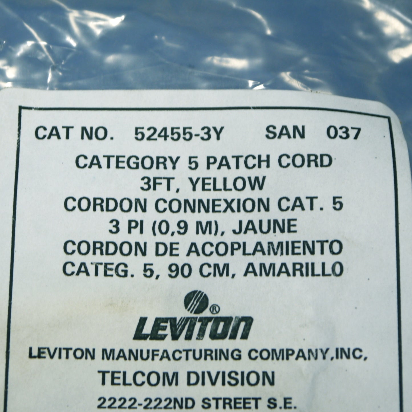 Leviton 52455-3Y Yellow Cat5 3ft Ethernet Cable Data Center Patch Cord Network