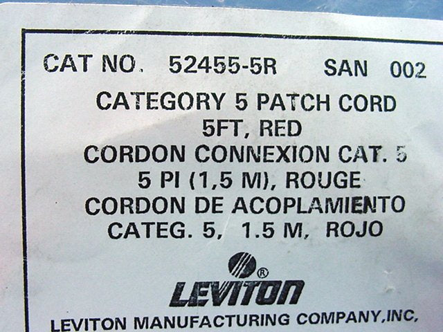 Leviton 52455-5R Red Cat5 5ft Ethernet Cable Data Patch Cord Network Cat5 8P8C
