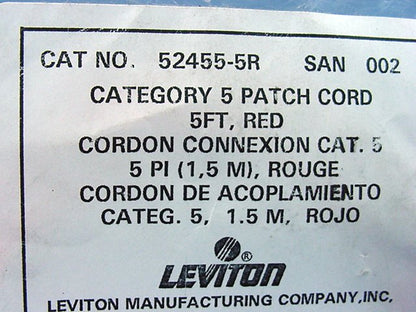 Leviton 52455-5R Red Cat5 5ft Ethernet Cable Data Patch Cord Network Cat5 8P8C