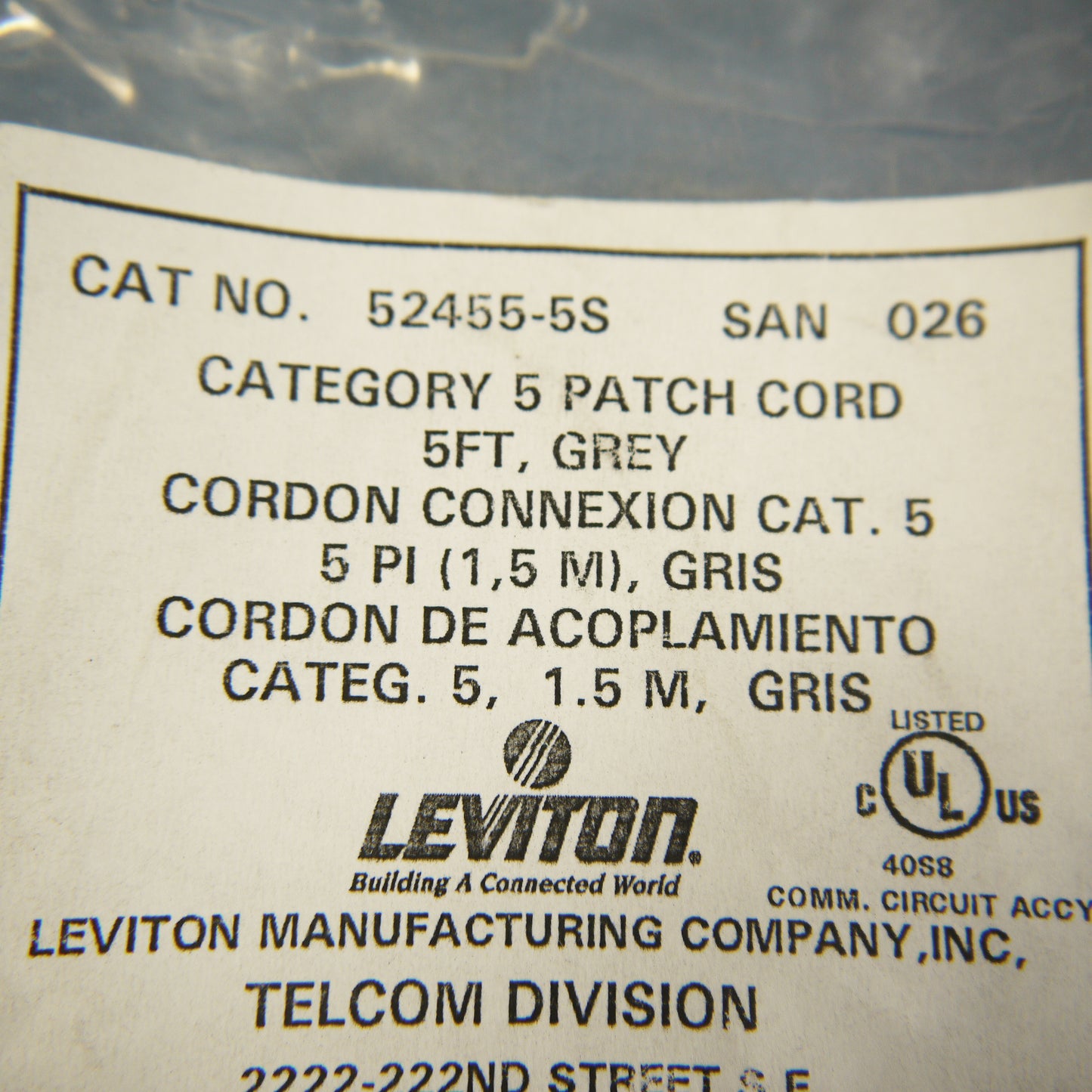 Leviton 52455-5S Silver Cat5 5ft Ethernet Cable Data Center Patch Cord Network