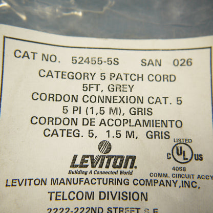 Leviton 52455-5S Silver Cat5 5ft Ethernet Cable Data Center Patch Cord Network