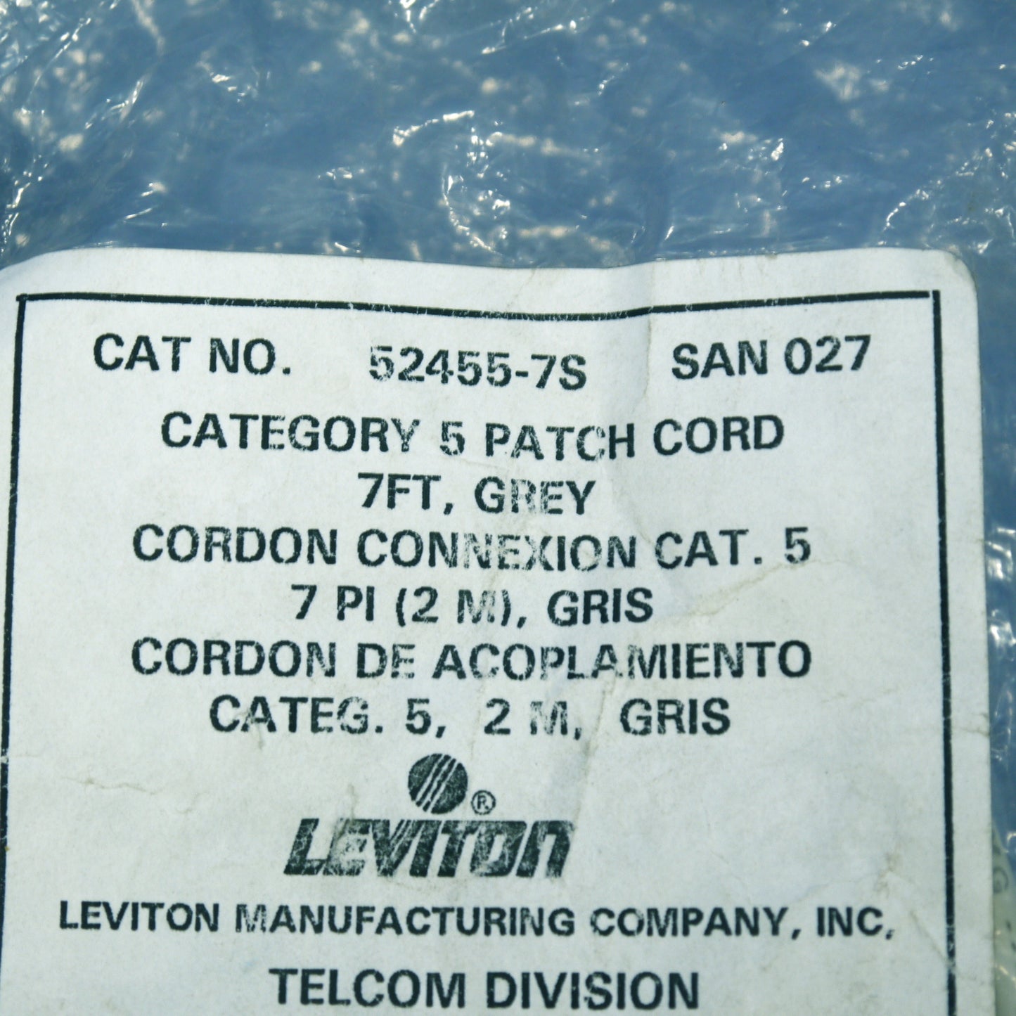 Leviton 52455-7S Gray Cat5 7ft Ethernet Cable Data Center Network 7' Patch Cord