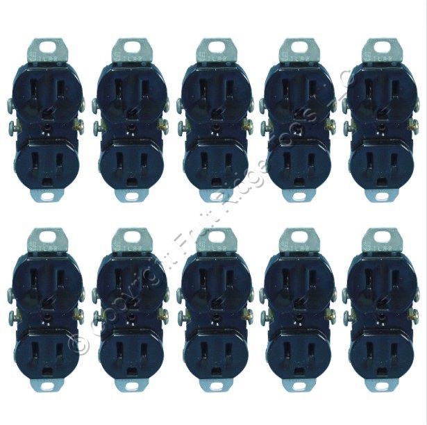 10 Leviton Black Duplex Receptacle Outlet No Plaster Ears 15A 5-15R Bulk 5320-4E