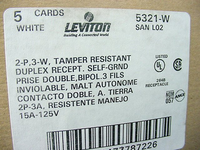 5 Leviton White Tamper Resistant Receptacle Outlet Nema 5-15R 15A 125V 5321-W