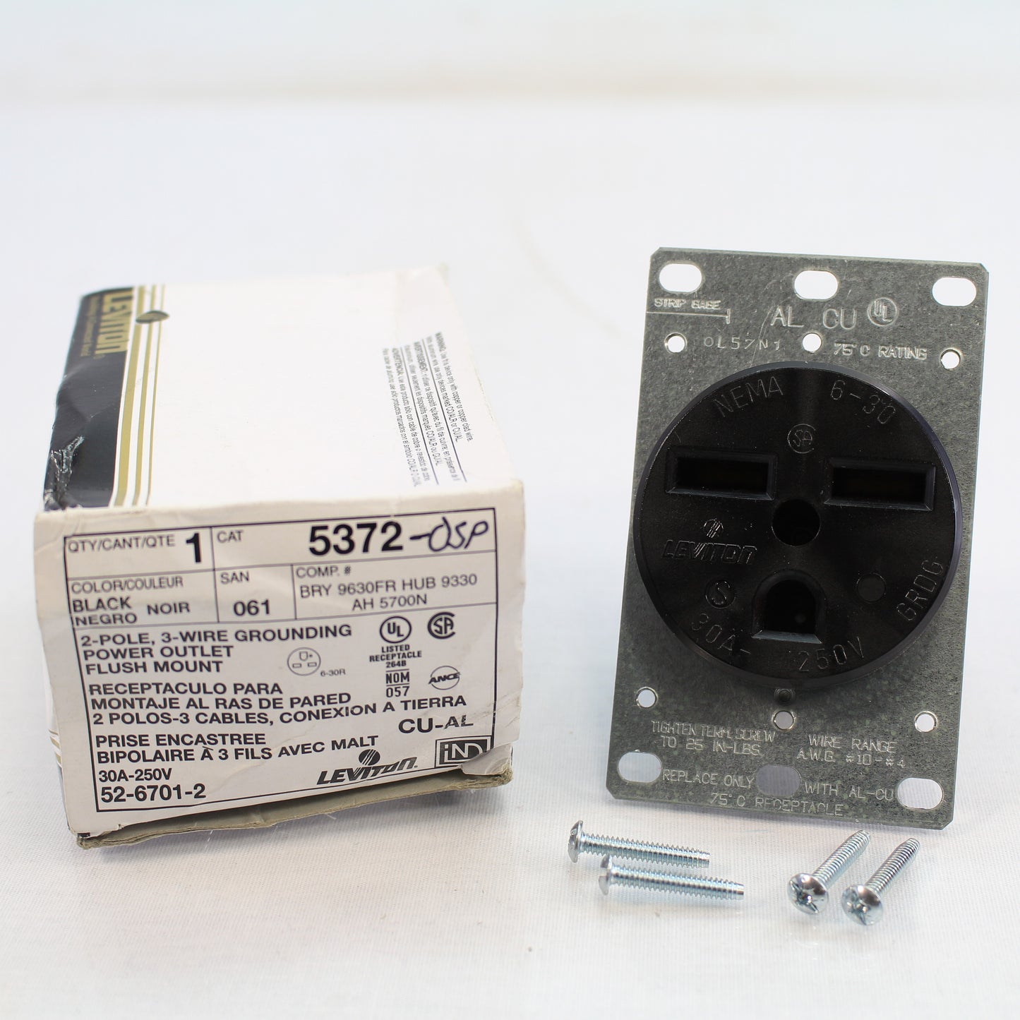 Leviton 5372-OSP Black 2-Pole 3-Wire Grousing Power Outlet Flush Mount