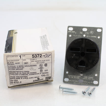 Leviton 5372-OSP Black 2-Pole 3-Wire Grousing Power Outlet Flush Mount