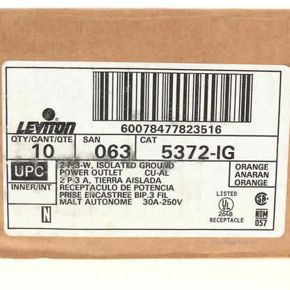 Leviton 5372-IG Isolated Ground Straight Blade Receptacles 6-30R 30A 250V 10pcs