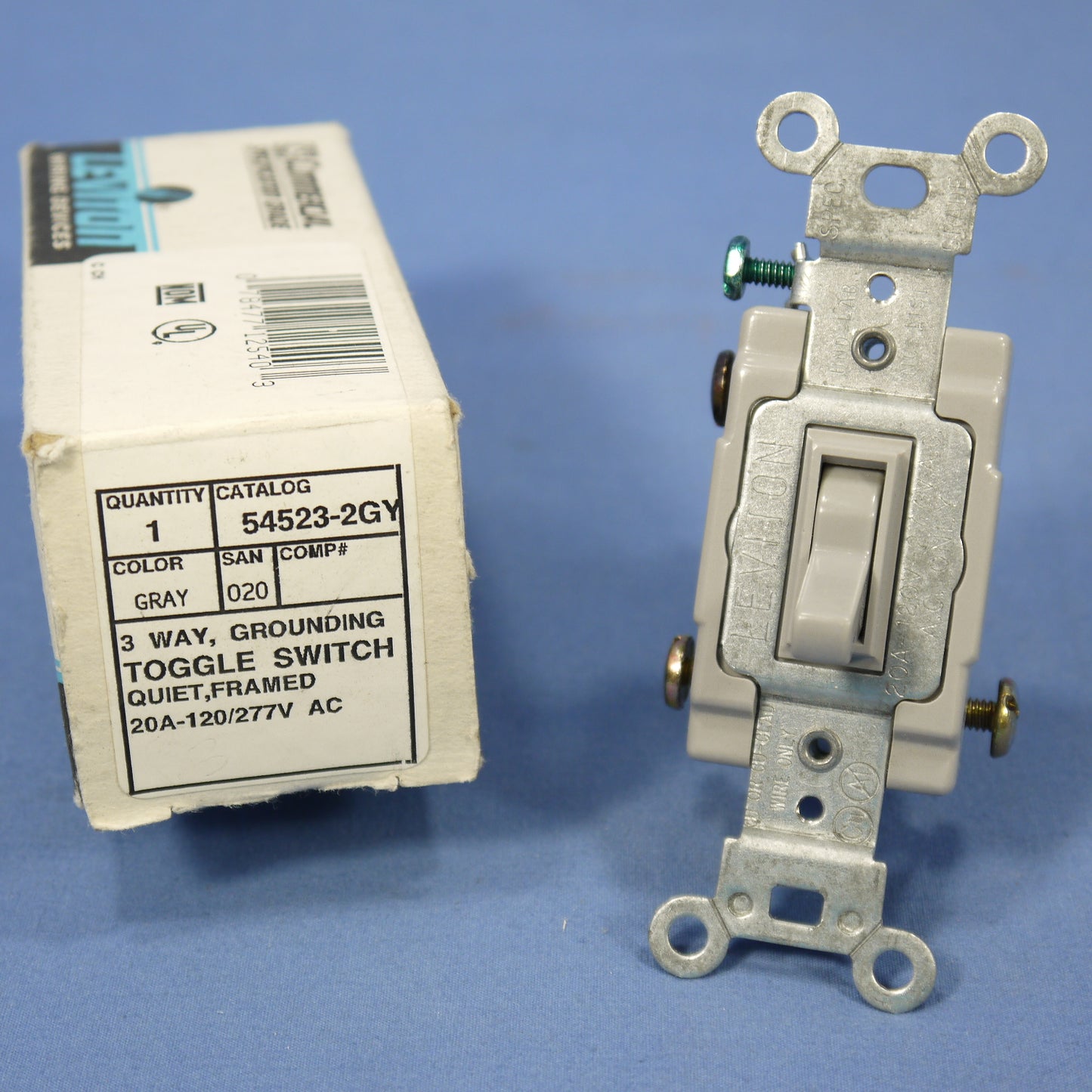 Leviton 54523-2GY Gray 3-Way Commercial Framed Toggle Switch 20A Boxed