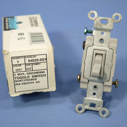 Leviton 54523-2GY Gray 3-Way Commercial Framed Toggle Switch 20A Boxed