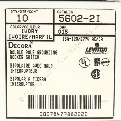 Leviton 5602-2I Ivory Double Pole Decora Rocker Light Switch 15A 120/277VAC 10pc