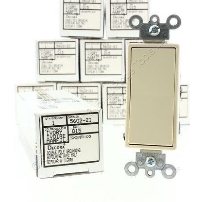 Leviton 5602-2I Ivory Double Pole Decora Rocker Light Switch 15A 120/277VAC 10pc