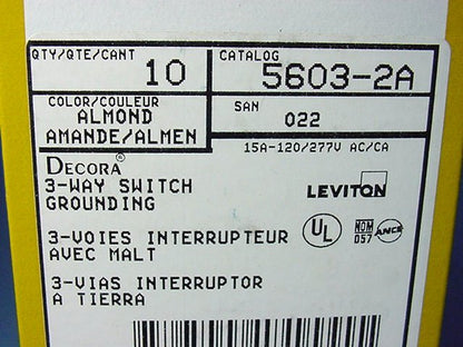 Leviton 5603-2A Almond 3-Way Decora Rocker Wall Light Switch 15A 120/277VAC 50pc