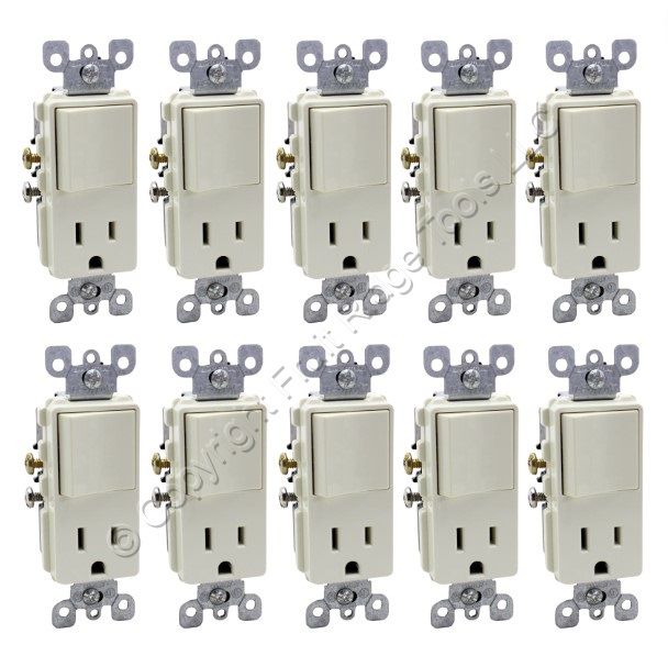 Leviton 5625-A Almond Decora 1-Pole Toggle Switch 5-15R 15A Receptacles 10-Pack