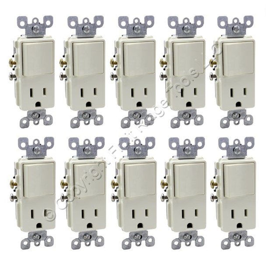 Leviton 5625-A Almond Decora 1-Pole Toggle Switch 5-15R 15A Receptacles 10-Pack