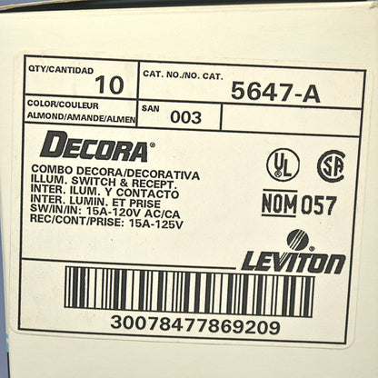 Leviton 5647-A Almond Decora Lighted Rocker Switch Receptacle Outlet 15A 10-Pack