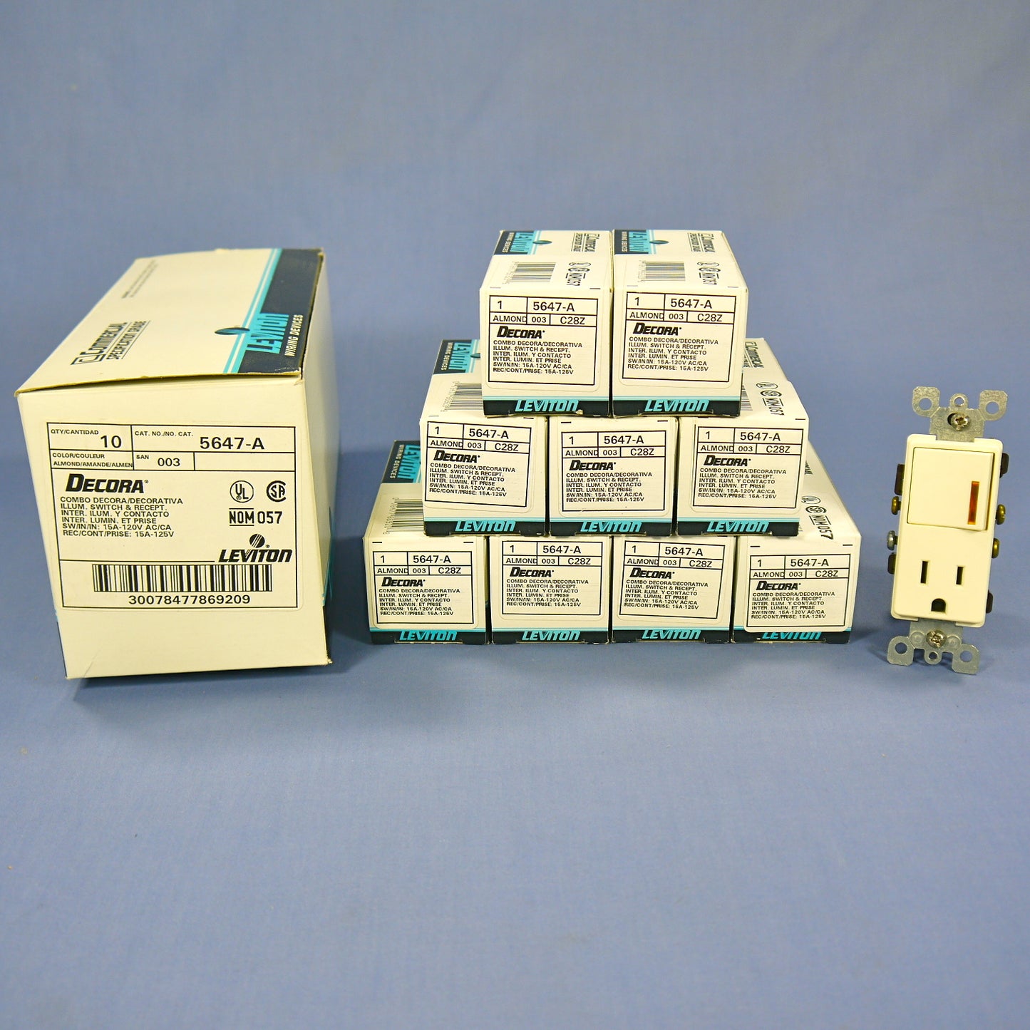 Leviton 5647-A Almond Decora Lighted Rocker Switch Receptacle Outlet 15A 10-Pack