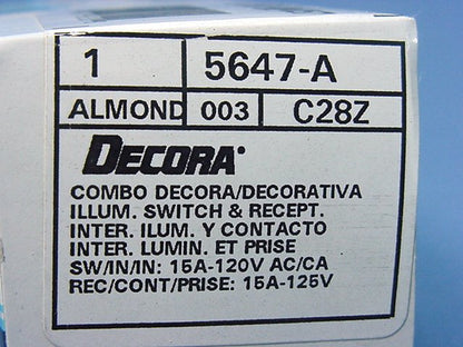 Leviton Almond Decora Lighted Rocker Wall Switch & Receptacle Outlet 15A 5647-A