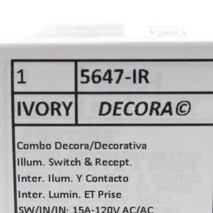 Leviton 5647-IR Ivory Decora Rocker Wall Switch & Outlet 15A Red Indicator Light