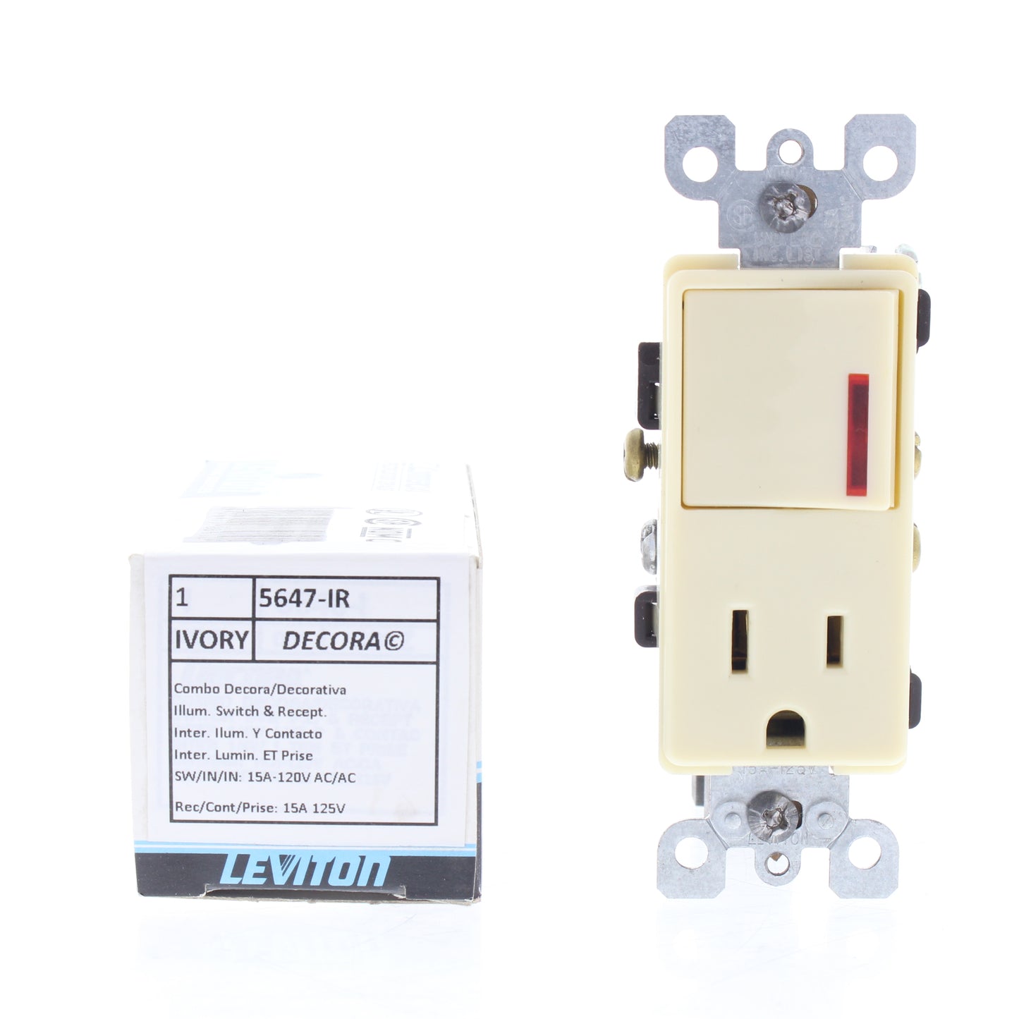 Leviton 5647-IR Ivory Decora Rocker Wall Switch & Outlet 15A Red Indicator Light