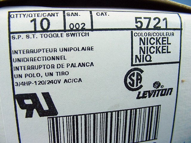 Leviton 5721 SPST Toggle Switch ON-OFF 15A-125V 10A-250V Quick-Connect 10-Pack