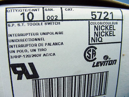 Leviton 5721 SPST Toggle Switch ON-OFF 15A-125V 10A-250V Quick-Connect 10-Pack