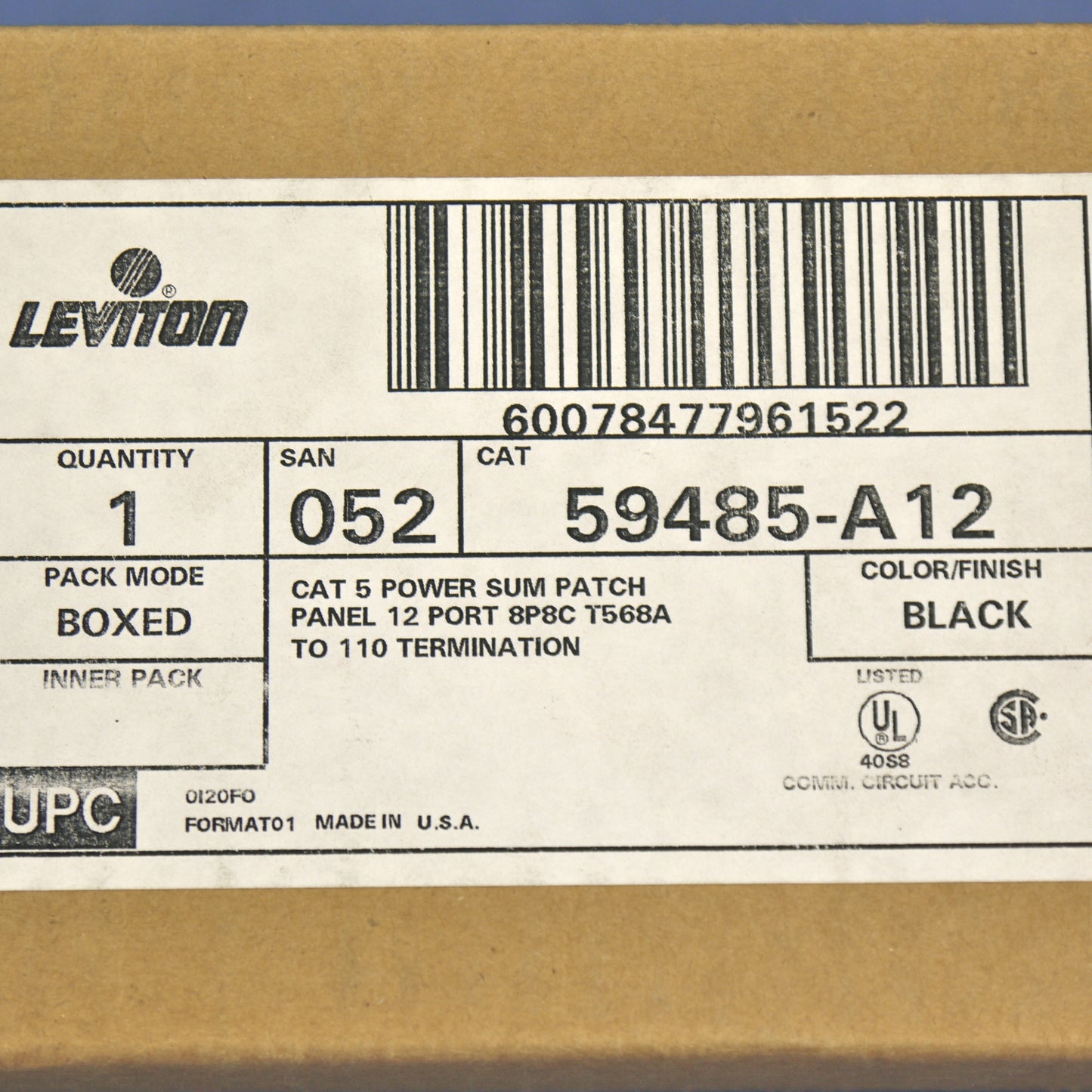 Leviton 19" Cat 5 12-Port Type T568A Wiring Patch Panel Rack Mount 59485-A12