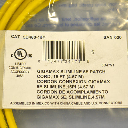 Leviton 5D460-15Y Yellow Gigamax SlimLine 15' Network Ethernet Patch Cord Booted